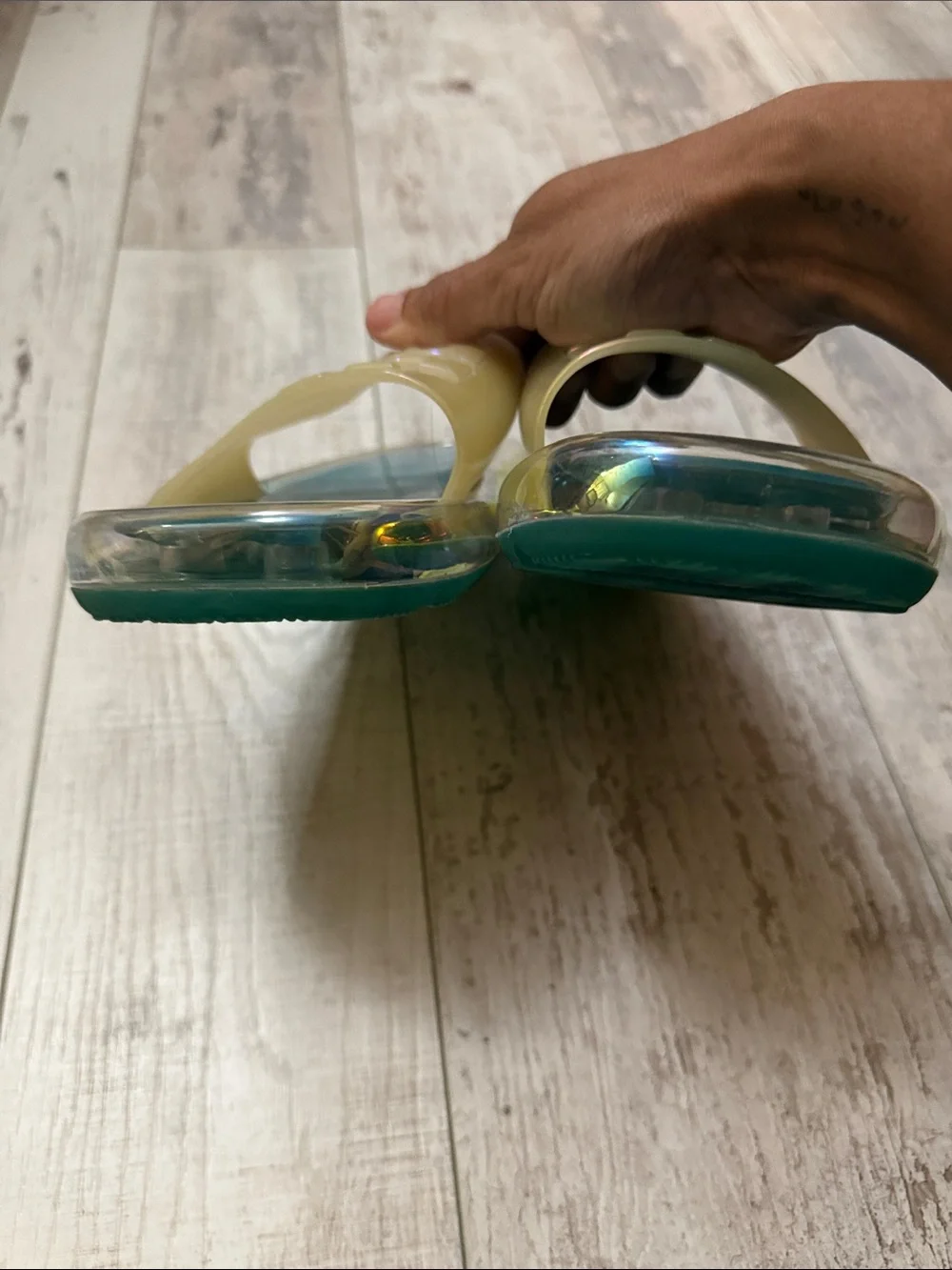 Tory Burch Iridescent Cream Jelly Slide Sandals with Teal Footbed